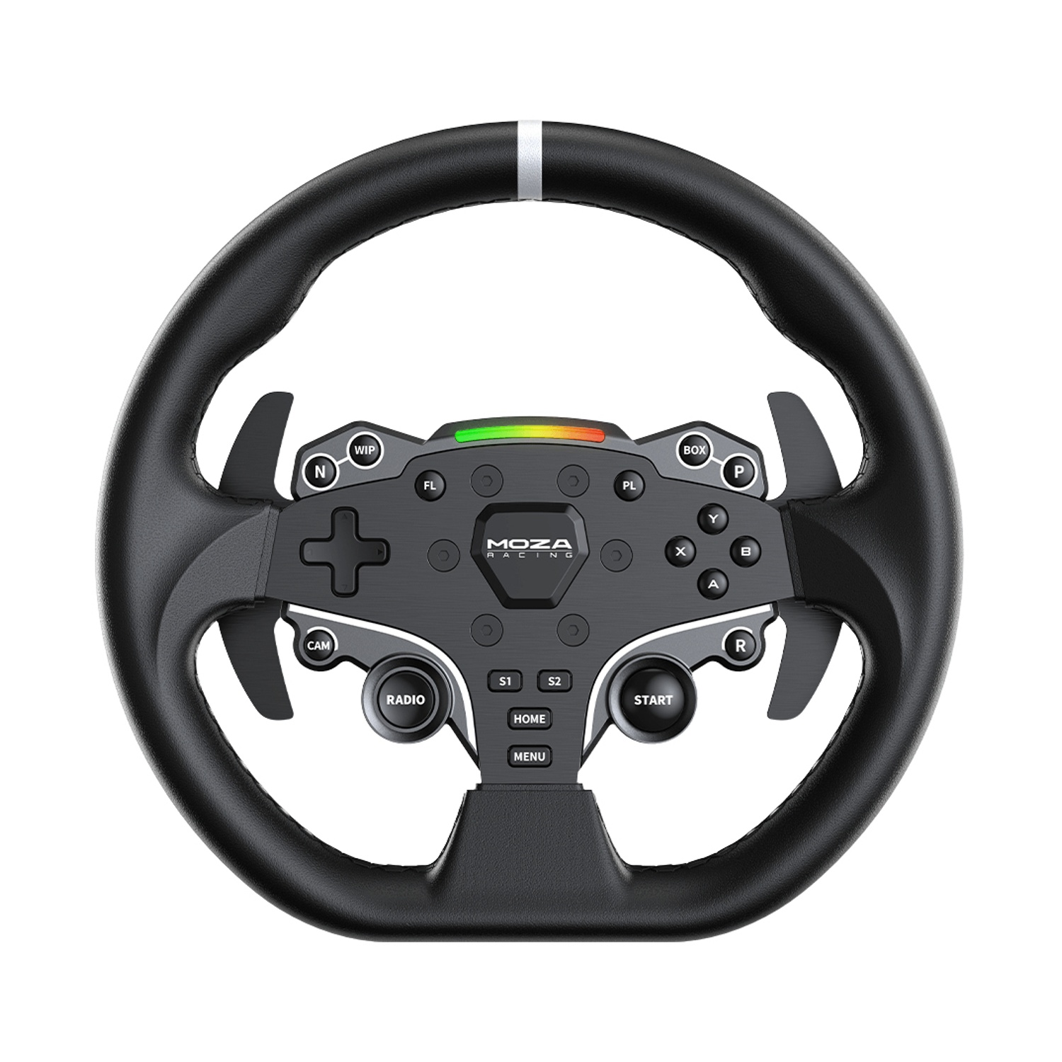 Un volante da corsa nero con pulsanti e paddle. Ha una striscia bianca in alto e il logo MOZA Racing al centro.
