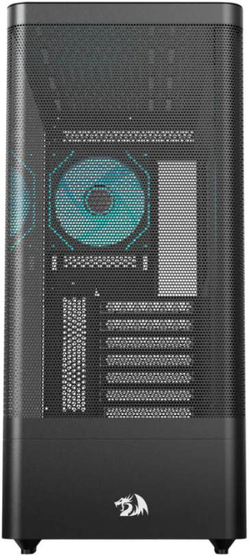 Czarna obudowa komputera z perforowanym przodem. Niebieski wentylator widoczny przez siatkę, a na dole logo Redragon.