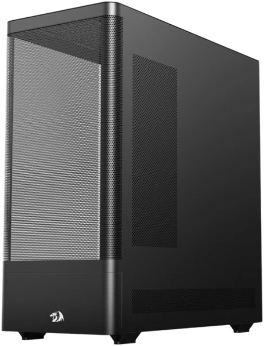 Czarna obudowa komputera z przednim panelem z siatki. Ma prostokątny kształt z otworami wentylacyjnymi i logo.