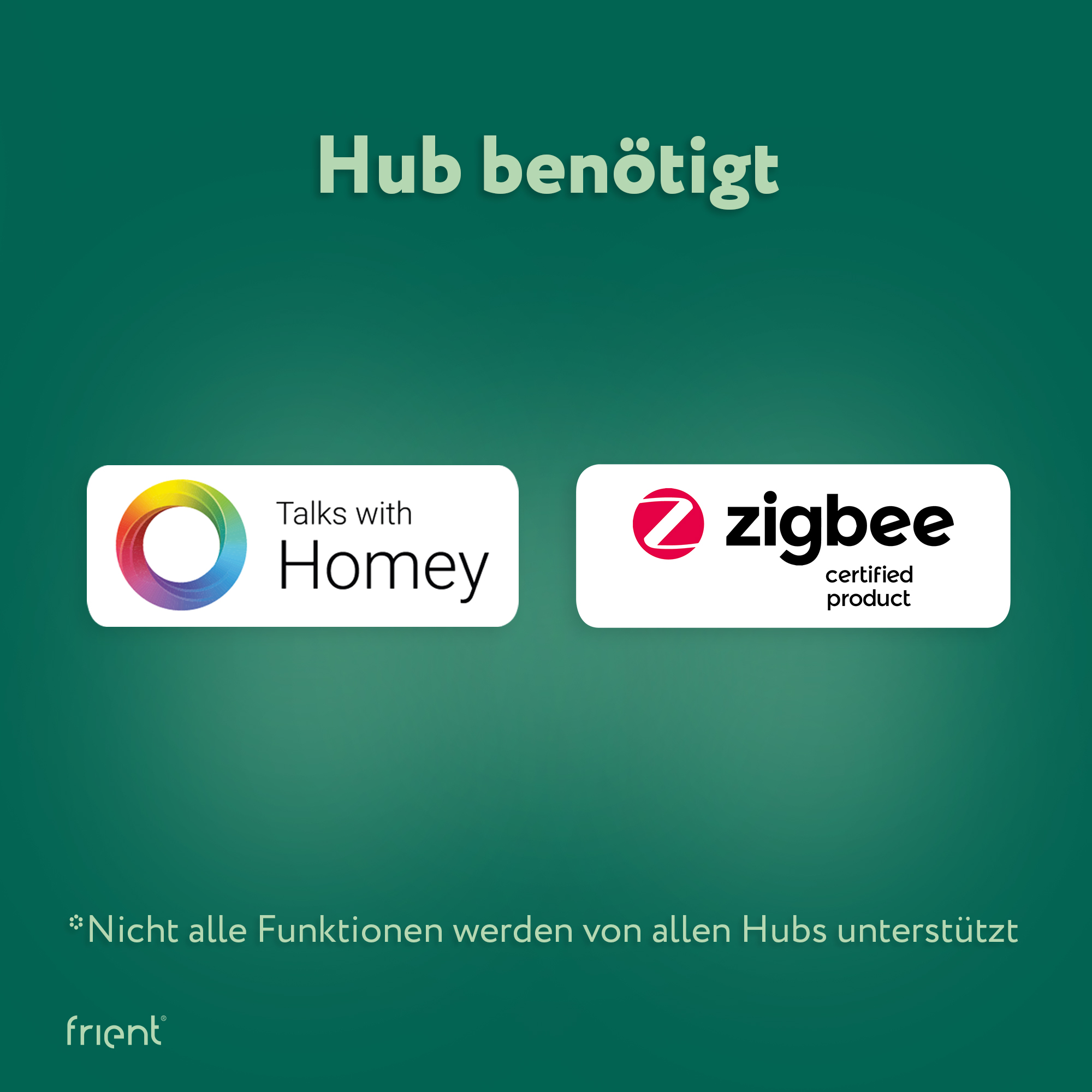Grüner Hintergrund mit Text 'Hub benötigt'. Zwei Logos: Homey und Zigbee. Text unten: 'Nicht alle Funktionen...'