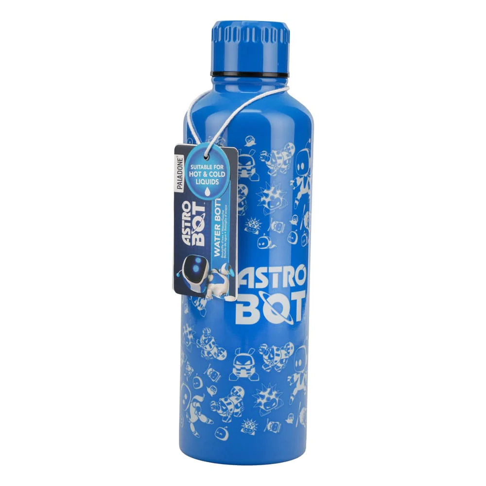 Botella de agua azul Astro Bot con patrones de robot blancos. Tiene una tapa azul y una etiqueta. Apto para líquidos fríos y calientes.
