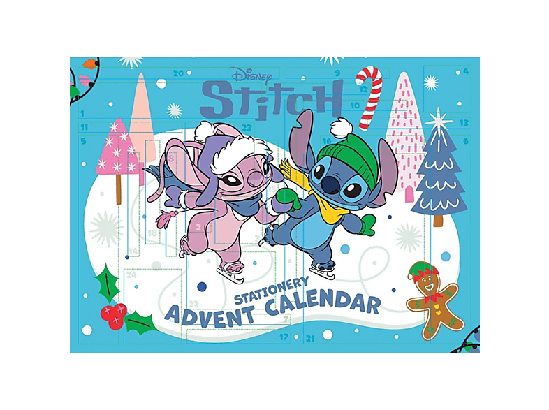 Calendario de adviento - Sherwood Stitch Disney, 24 sorpresas artículos papelería, Packaging ilustrado con actividades recortables