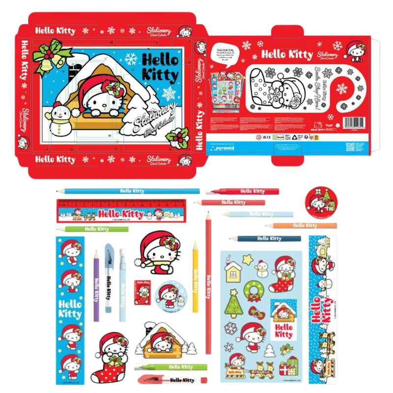 Set de papelería navideña de Hello Kitty. Incluye lápices, reglas, pegatinas y una caja con Hello Kitty en una escena invernal.
