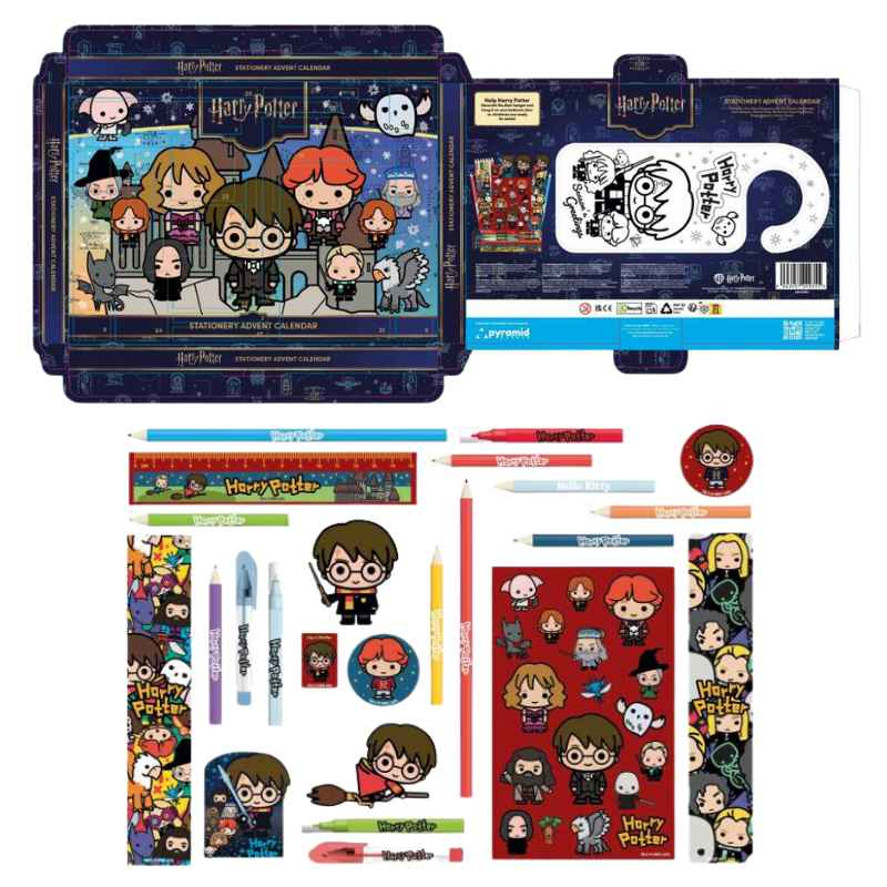 Calendario de adviento de Harry Potter con personajes, lápices, pegatinas e ilustraciones de cajas. Se muestran varios colores y artículos de papelería.