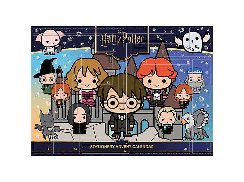 Calendario de adviento - Sherwood Harry Potter, 24 sorpresas artículos papelería, Packaging ilustrado con actividades recortables