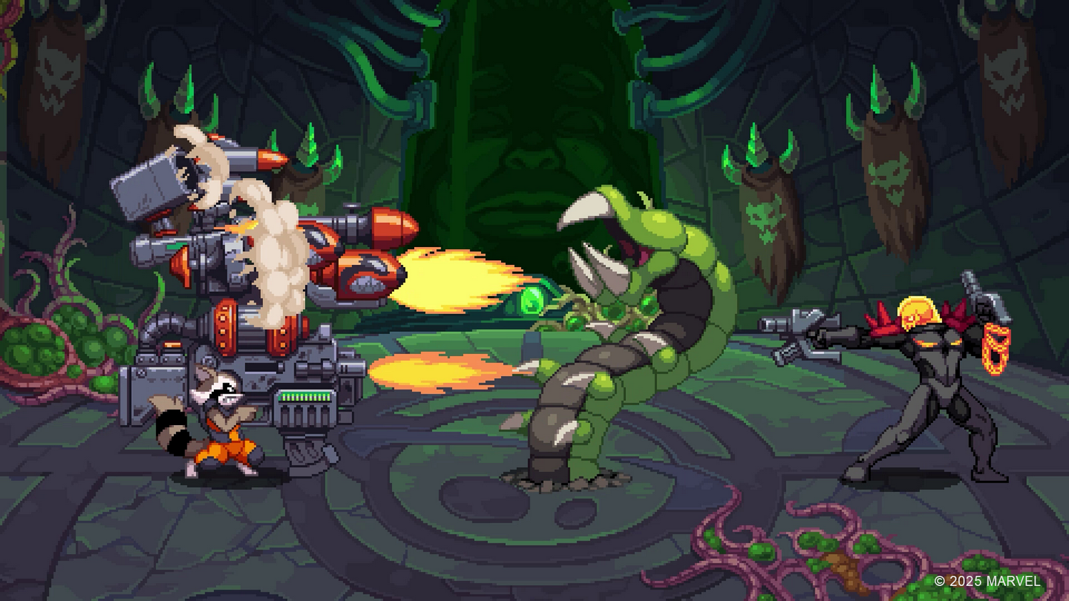 Escena de pixel art con Rocket disparando un arma grande, Ghost Rider luchando y un gusano verde gigante. Fondo de ciencia ficción.