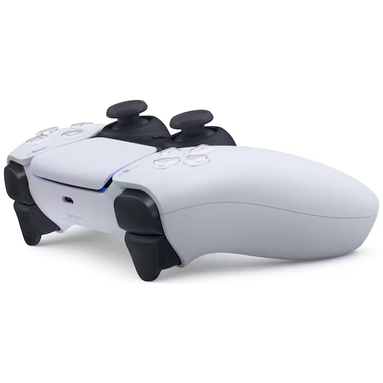 A white and black PlayStation 5 controller. Features buttons, analog sticks, and a touchpad. The background is white.