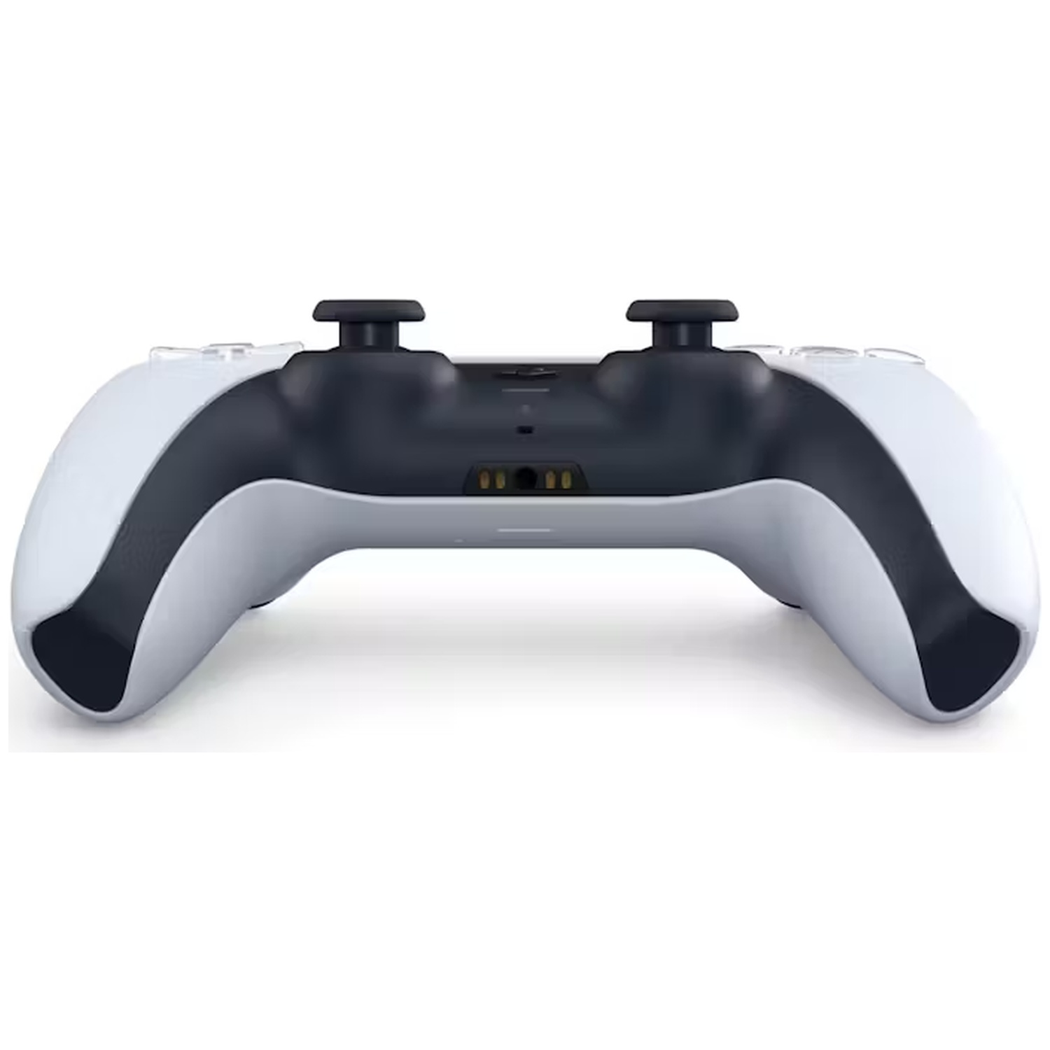 A white and black game controller is centered against a white background. It has two black joysticks and a charging port.