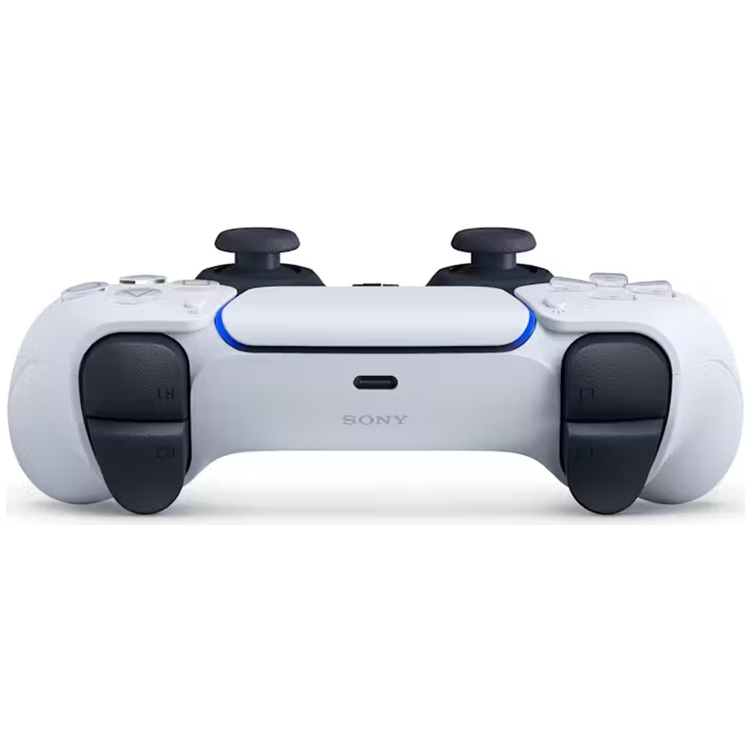 A white Playstation 5 controller, featuring black joysticks and buttons. A blue light accents the center.
