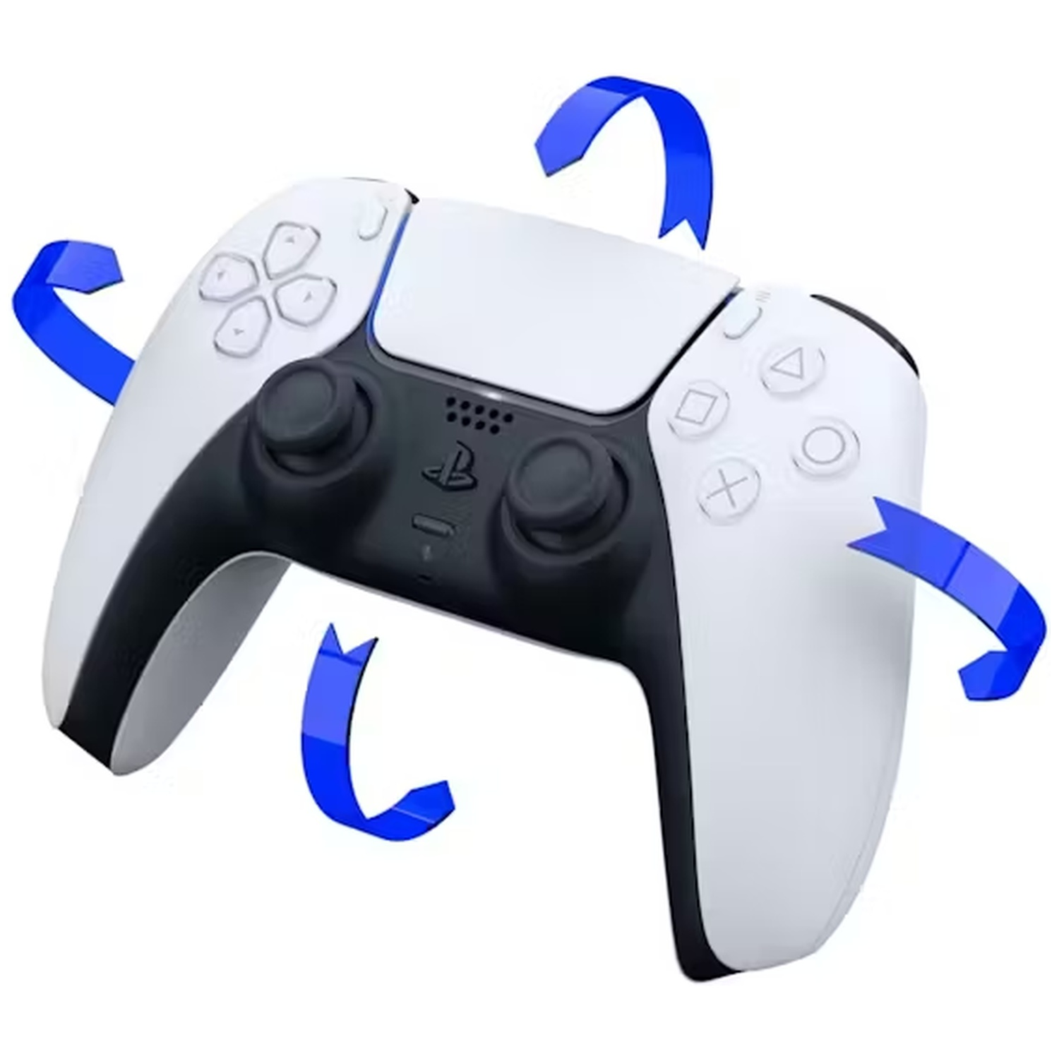 A white and black Playstation 5 controller with blue arrows rotating around it.