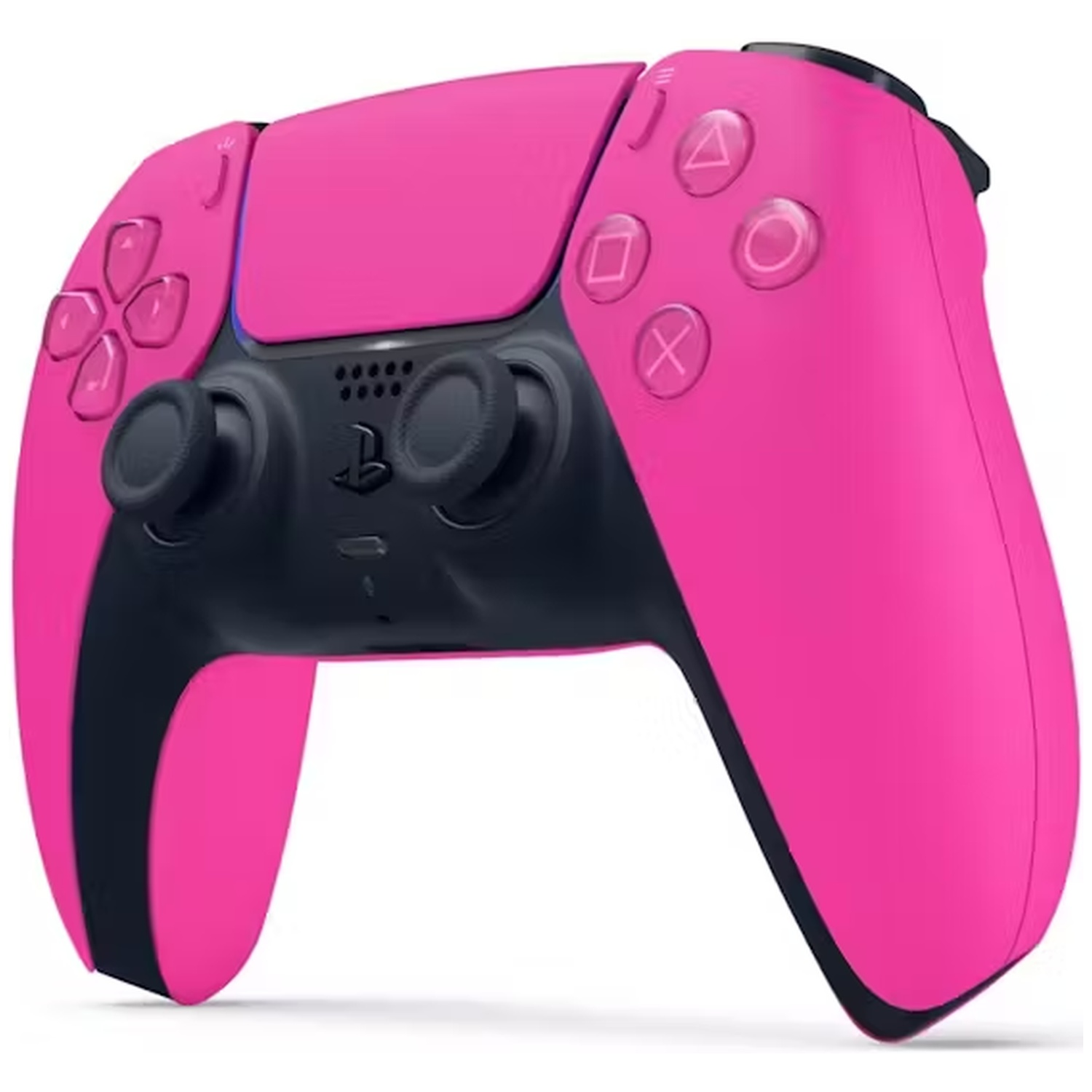 A pink PlayStation 5 controller. It has black accents, buttons, and joysticks. The background is white.