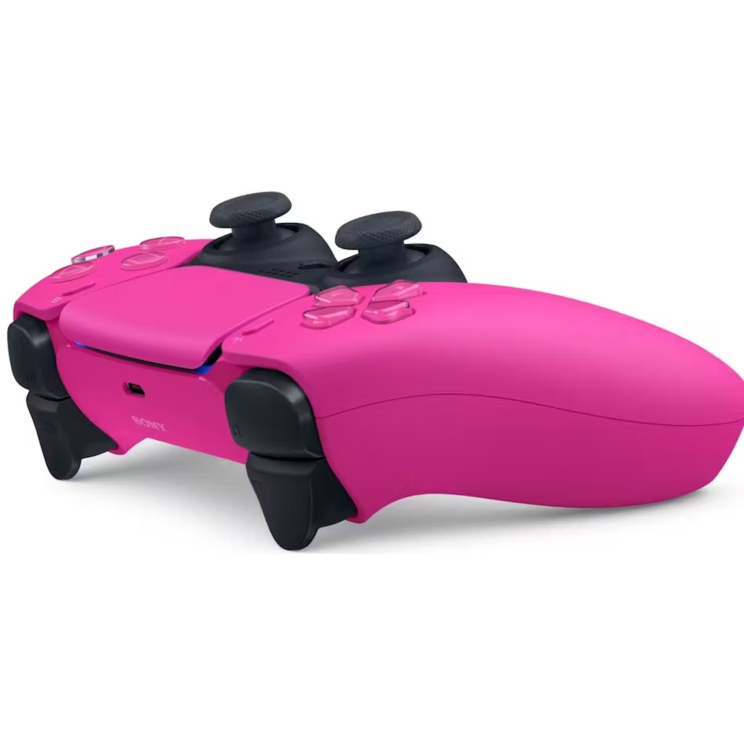 A pink PlayStation 5 controller. It has black analog sticks and buttons. The controller is on a white background.
