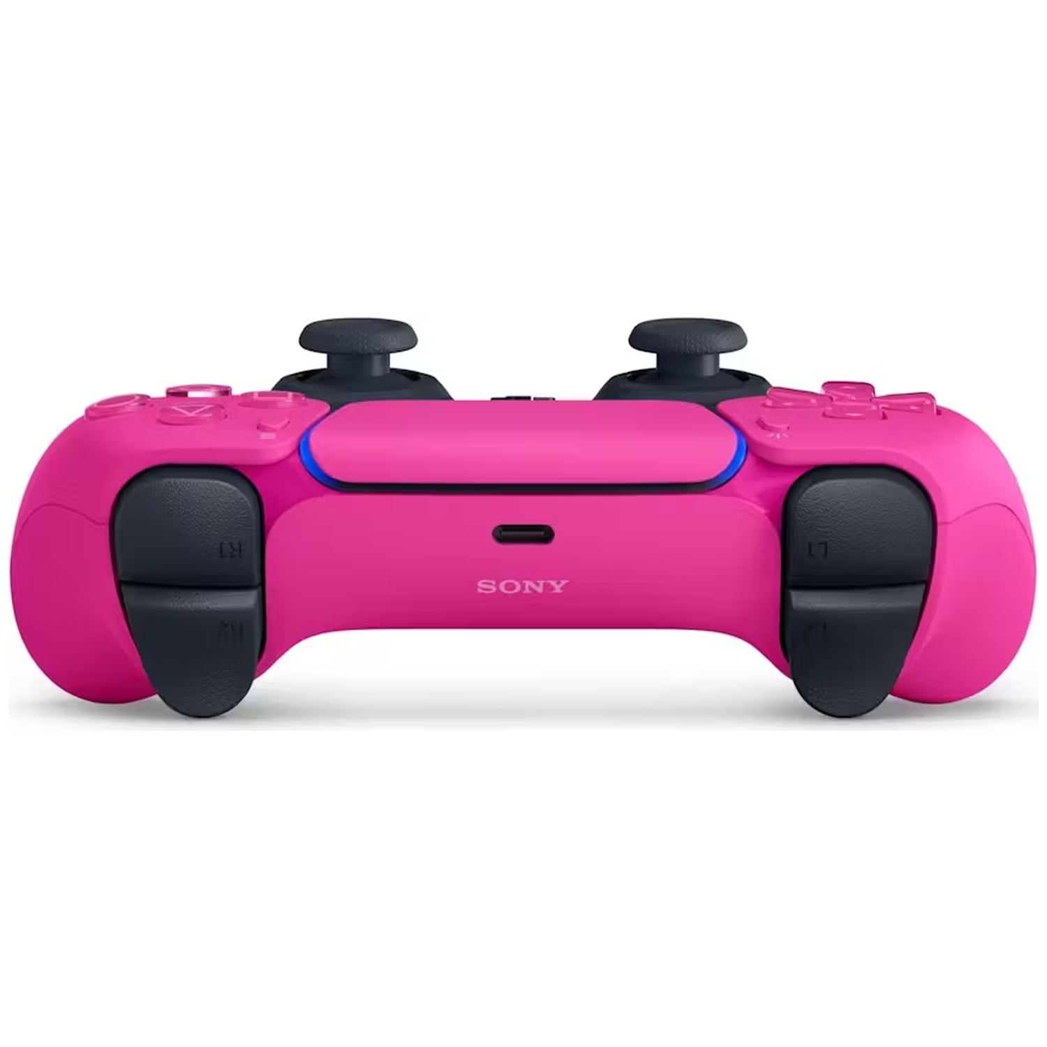 A pink PlayStation 5 controller. It has black analog sticks and buttons. The word 'SONY' is visible.