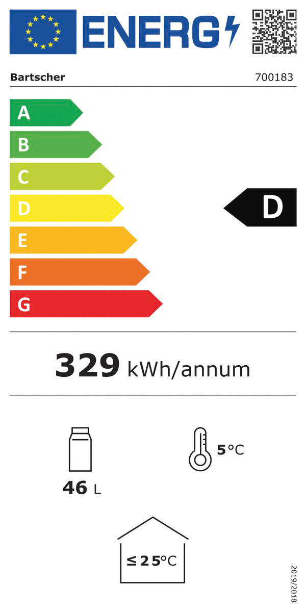 Energielabel für einen Kühlschrank. Zeigt Energieeffizienzklasse D, 329 kWh/annum Verbrauch, 46L, 5°C und max. 25°C Umgebungstemperatur.
