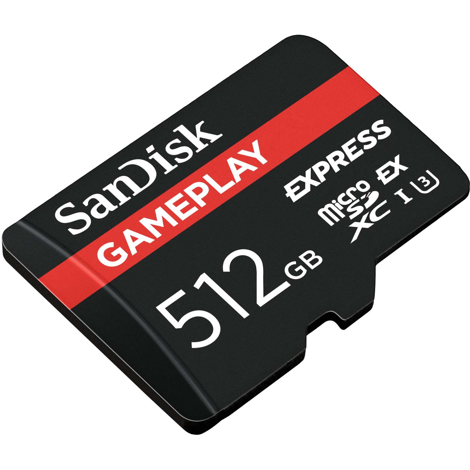 Una tarjeta Micro SD SanDisk negra de 512 GB. Tiene texto blanco que dice SanDisk, Gameplay, Express y Micro SDXC I. Hay una franja roja.