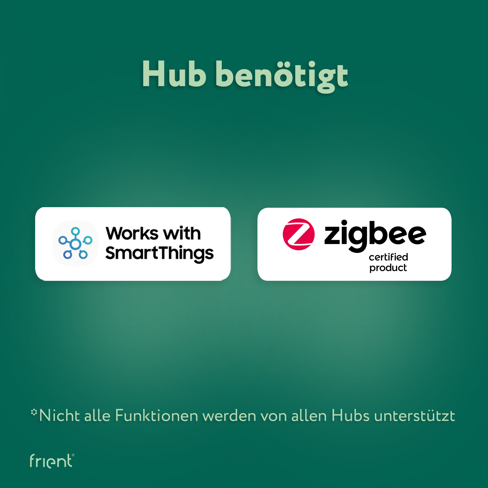Grüner Hintergrund mit Text 'Hub benötigt'. Zwei Logos: 'Works with SmartThings' und 'zigbee certified product'.