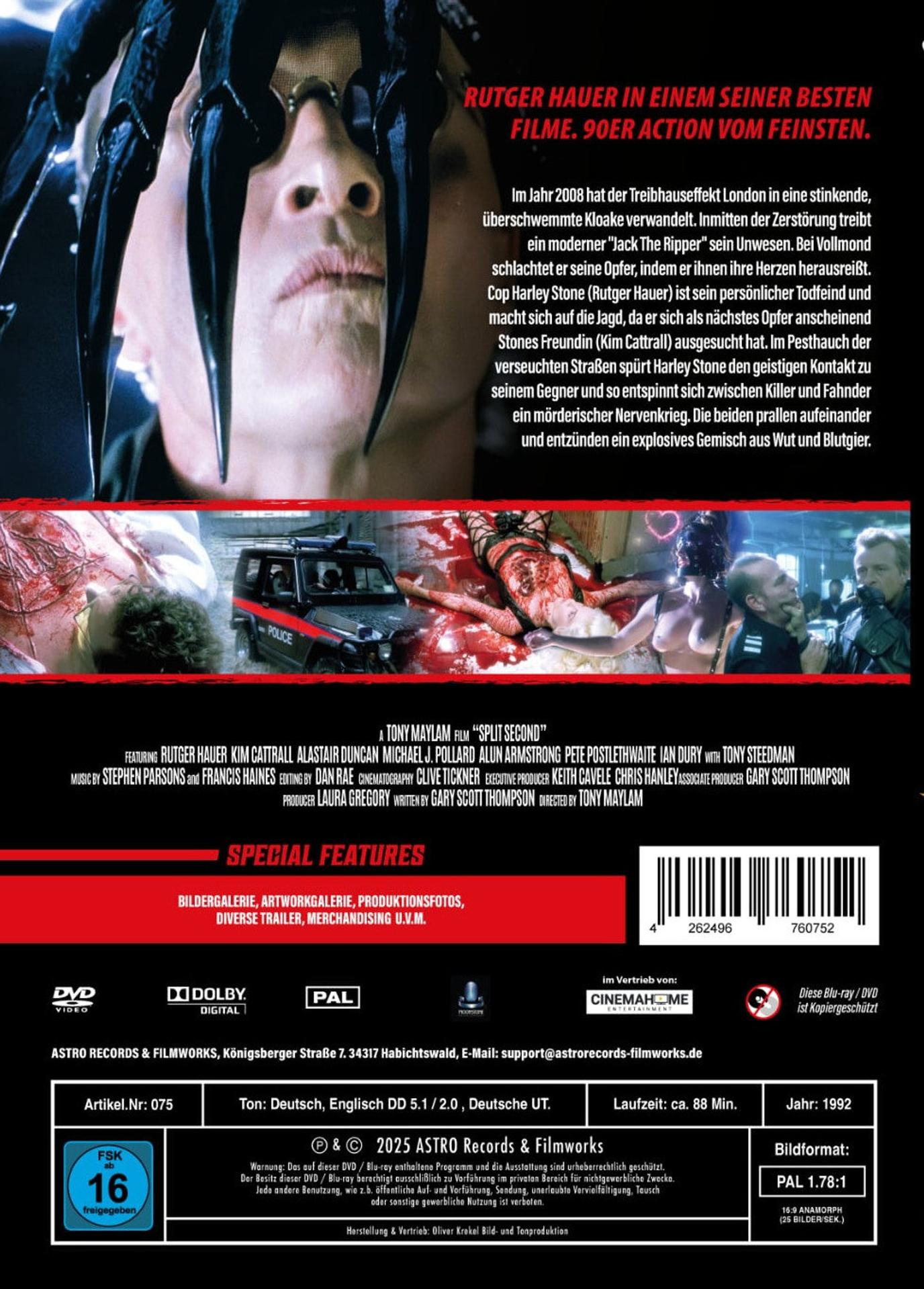 DVD-Cover. Mann mit Maske, Polizeiauto, Blut, Text über den Film Split Second, Schauspieler und Specials.