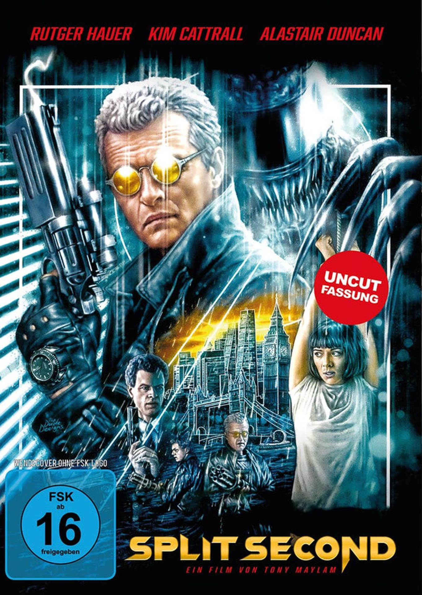 Filmposter mit Rutger Hauer mit einer Waffe. Ein Monster ist im Hintergrund. Eine Frau hebt die Hände.