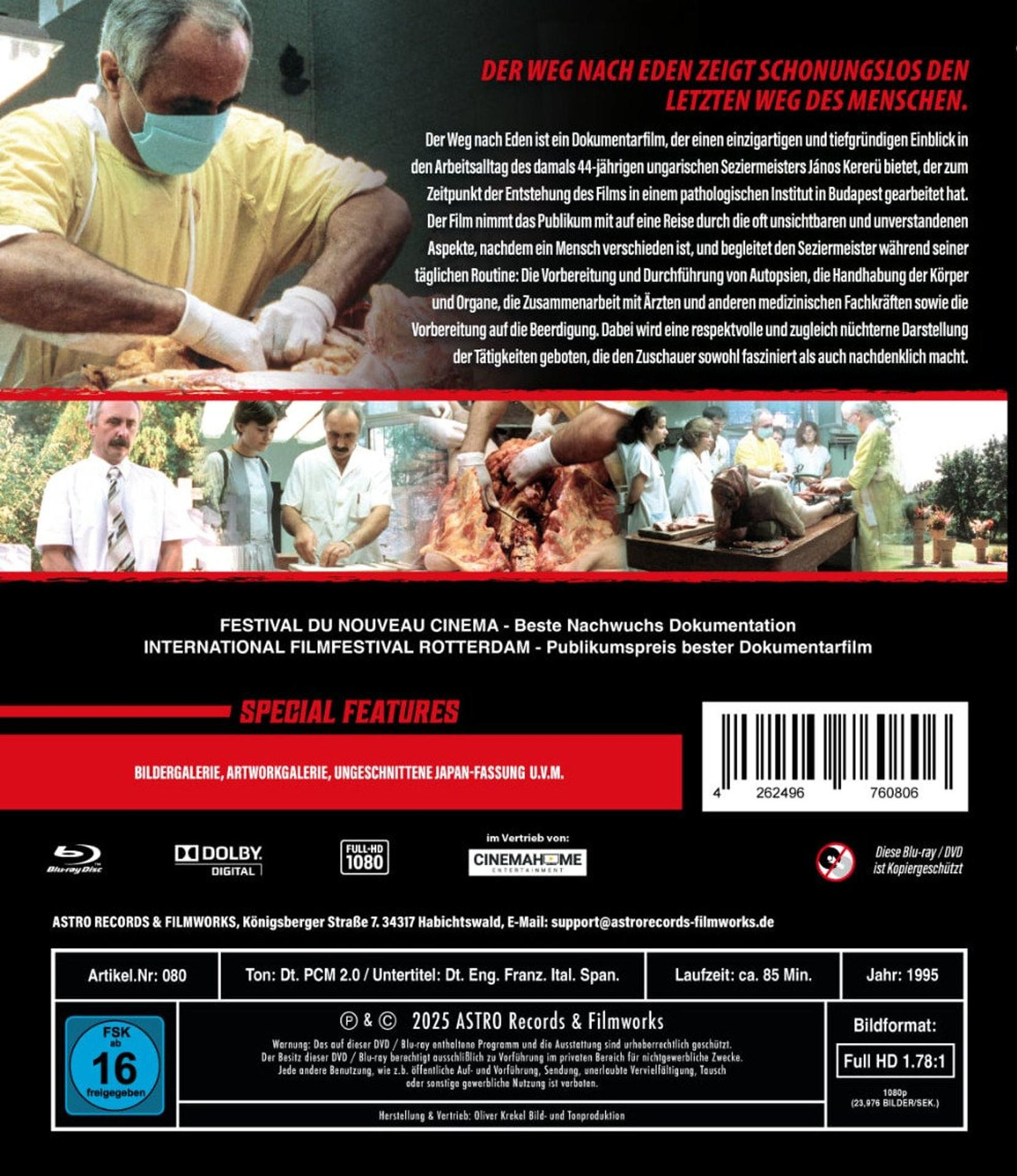 Ein Mann in OP-Kleidung seziert einen Körper. Text in Deutsch und Englisch beschreibt den Film.
