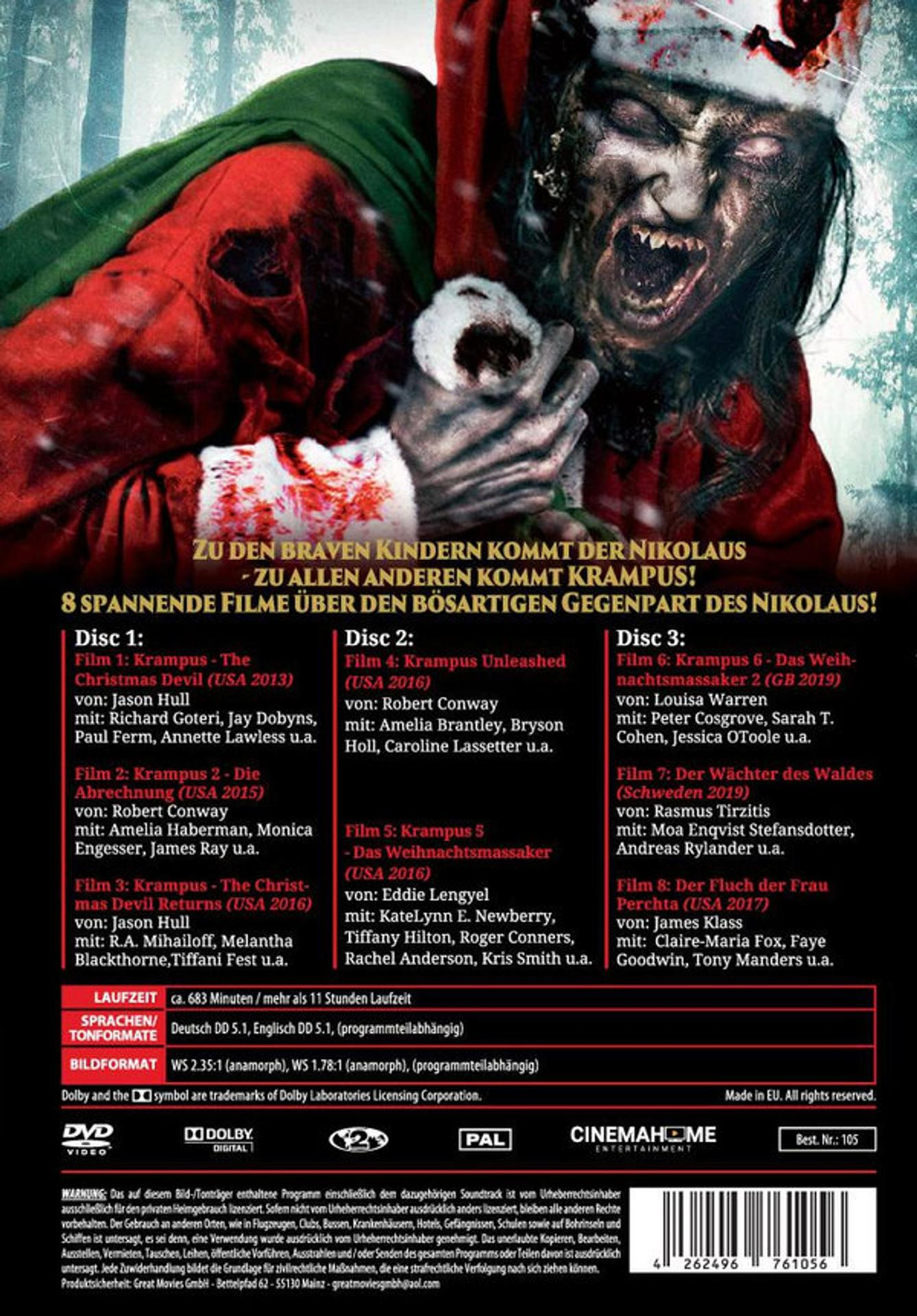 DVD-Cover. Ein gruseliger Krampus mit Weihnachtsmütze schreit. Titel und Credits sind sichtbar.