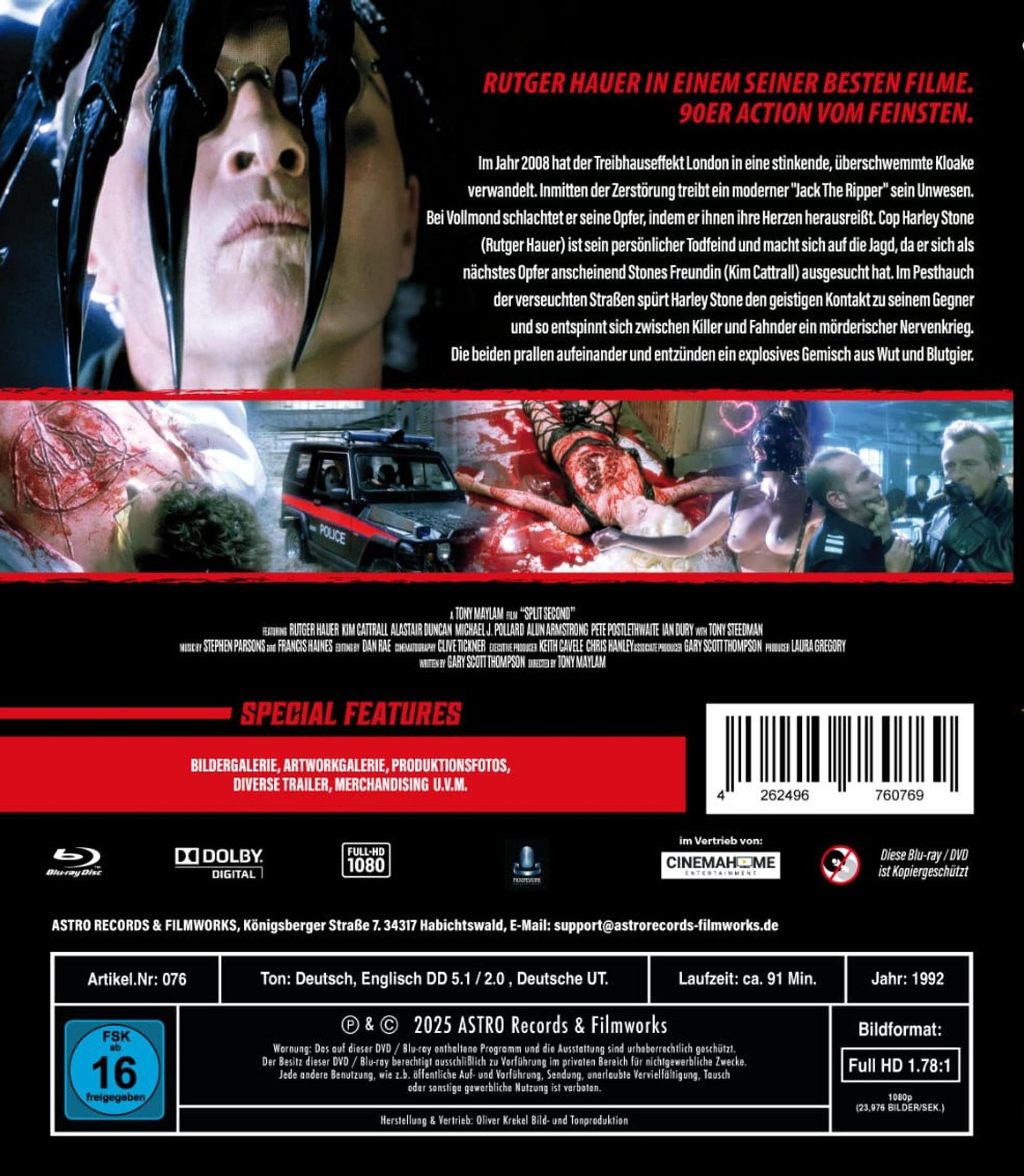 Filmposter mit Rutger Hauer. Es zeigt ein Gesicht mit Krallen und Text auf Deutsch.
