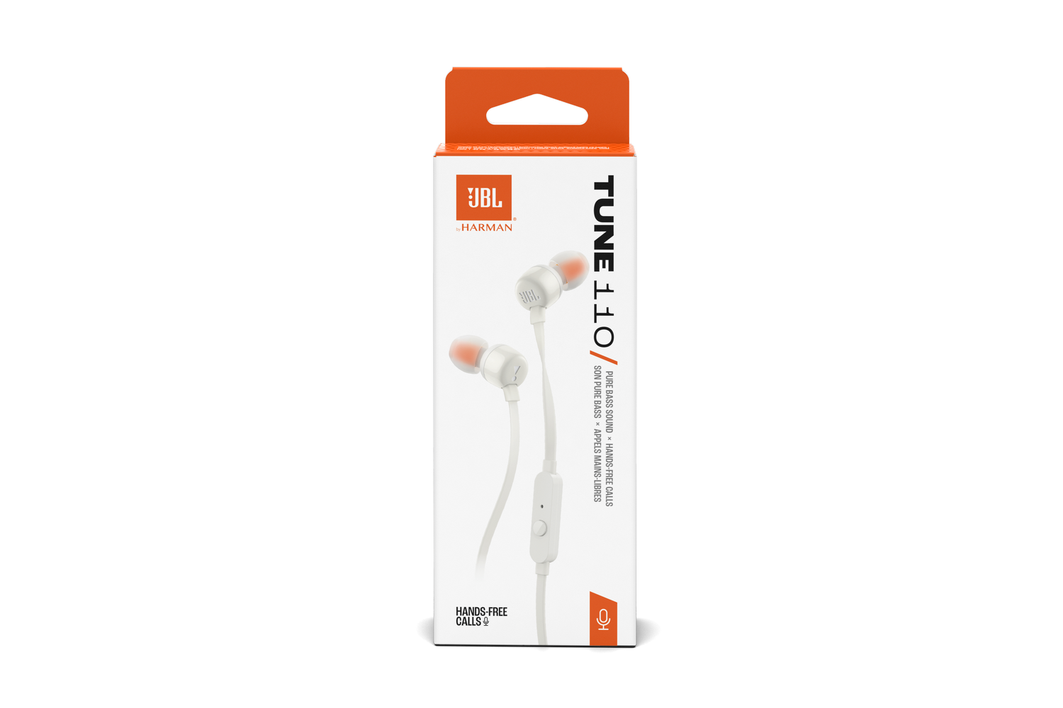 Auriculares JBL Tune 110 blancos en una caja blanca con detalles en naranja. Ofrece llamadas manos libres y sonido de bajos puro.