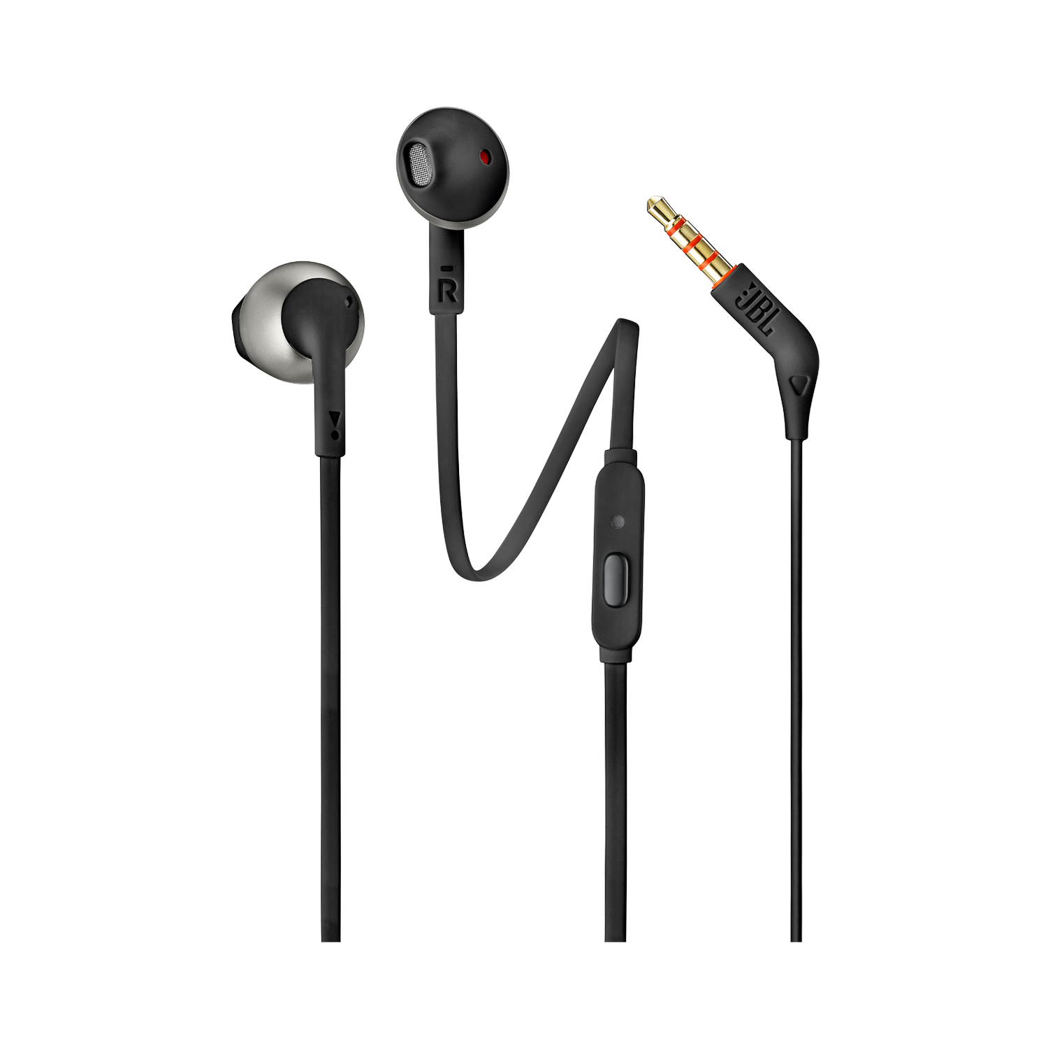 Auriculares JBL negros con un acento plateado, el auricular derecho tiene una marca 'R'. El cable tiene un botón y un conector dorado.