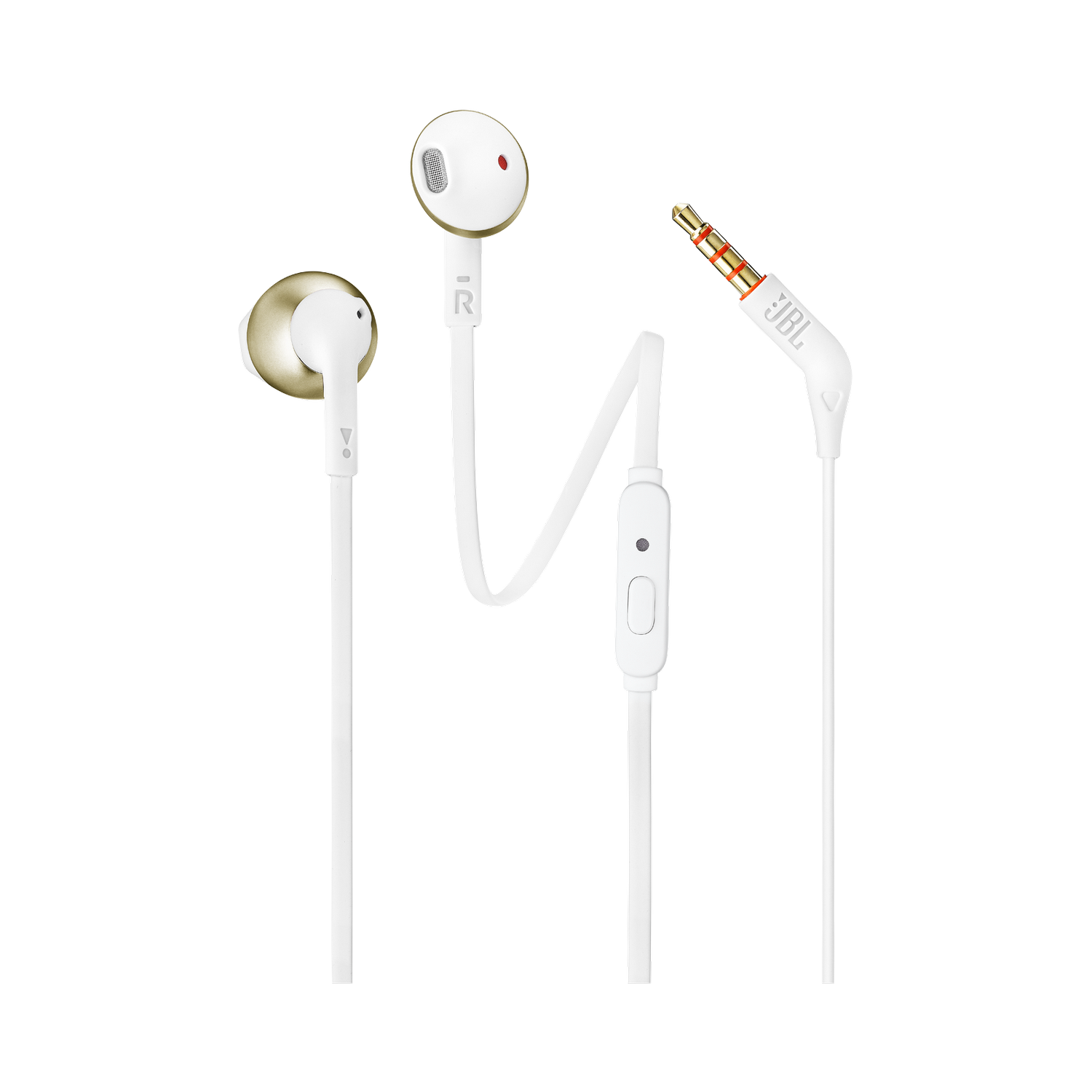 Auriculares JBL blancos con detalles dorados y cable blanco, con botón de control y conector de audio de 3,5 mm sobre fondo gris.