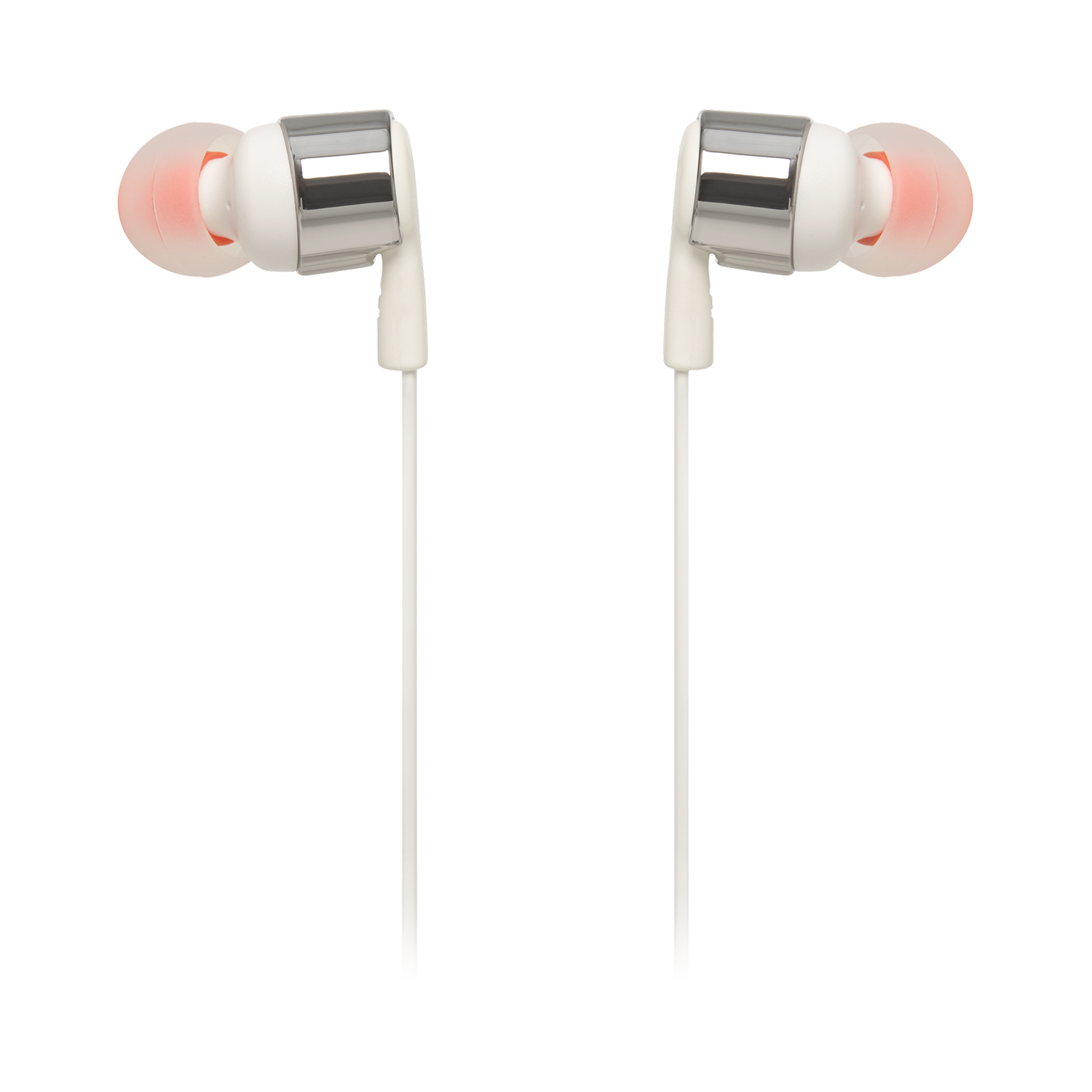 Dos auriculares blancos y plateados con puntas naranjas, conectados por cables blancos, sobre fondo gris.