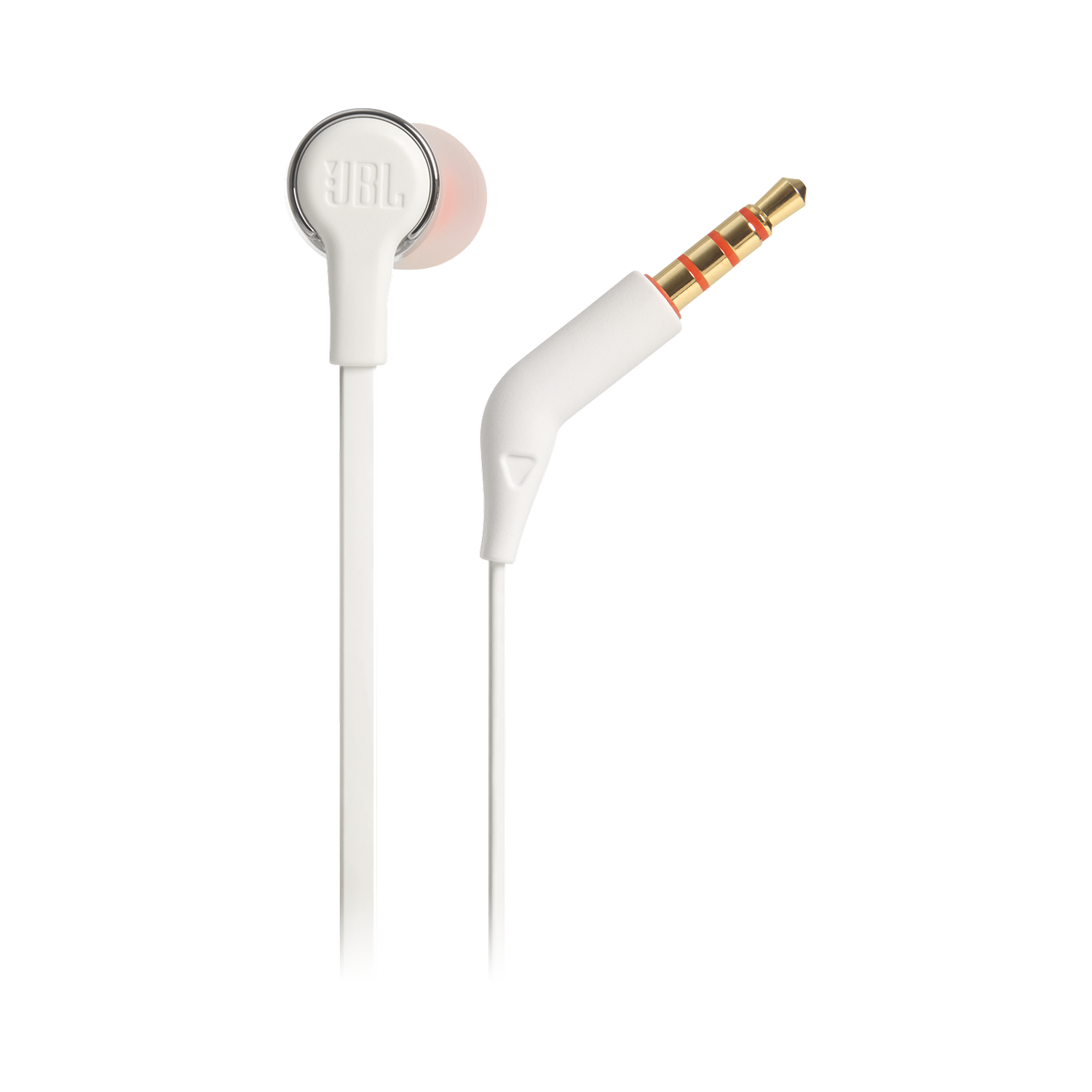 Auriculares JBL blancos con un conector dorado y rojo, sobre un fondo gris. Se ve un auricular con el logo de JBL.
