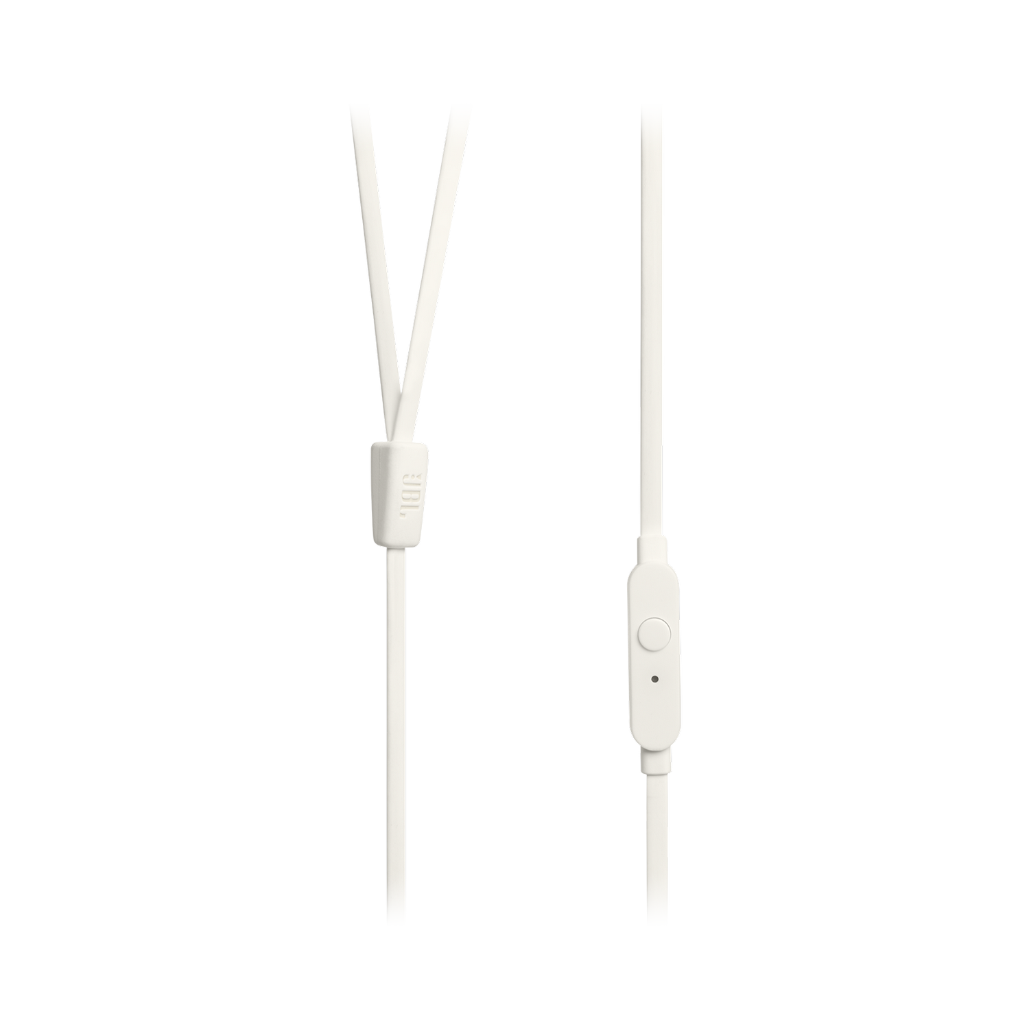 Auriculares blancos con un botón de control. Los auriculares están sobre un fondo gris. Un cable se divide en dos, el otro tiene un control.