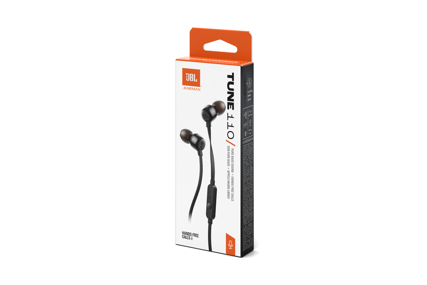 Auriculares JBL Tune 110 en una caja. La caja es blanca con detalles en naranja. Se ven auriculares negros.