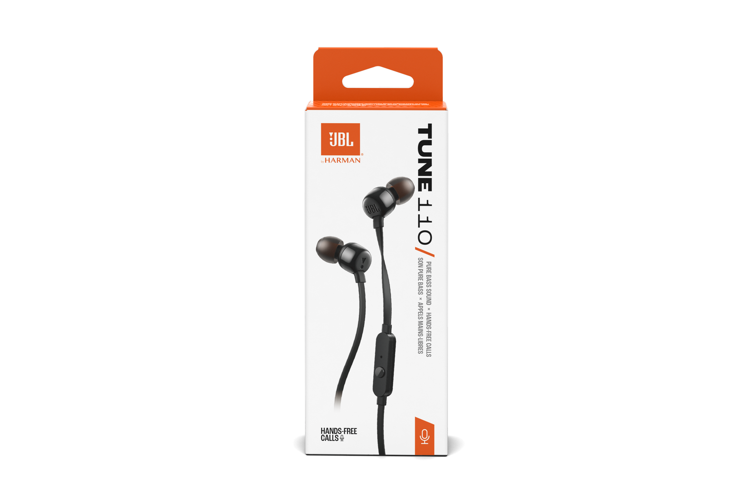 Auriculares internos JBL Tune 110 en una caja blanca con auriculares negros y parte superior naranja. Llamadas manos libres.