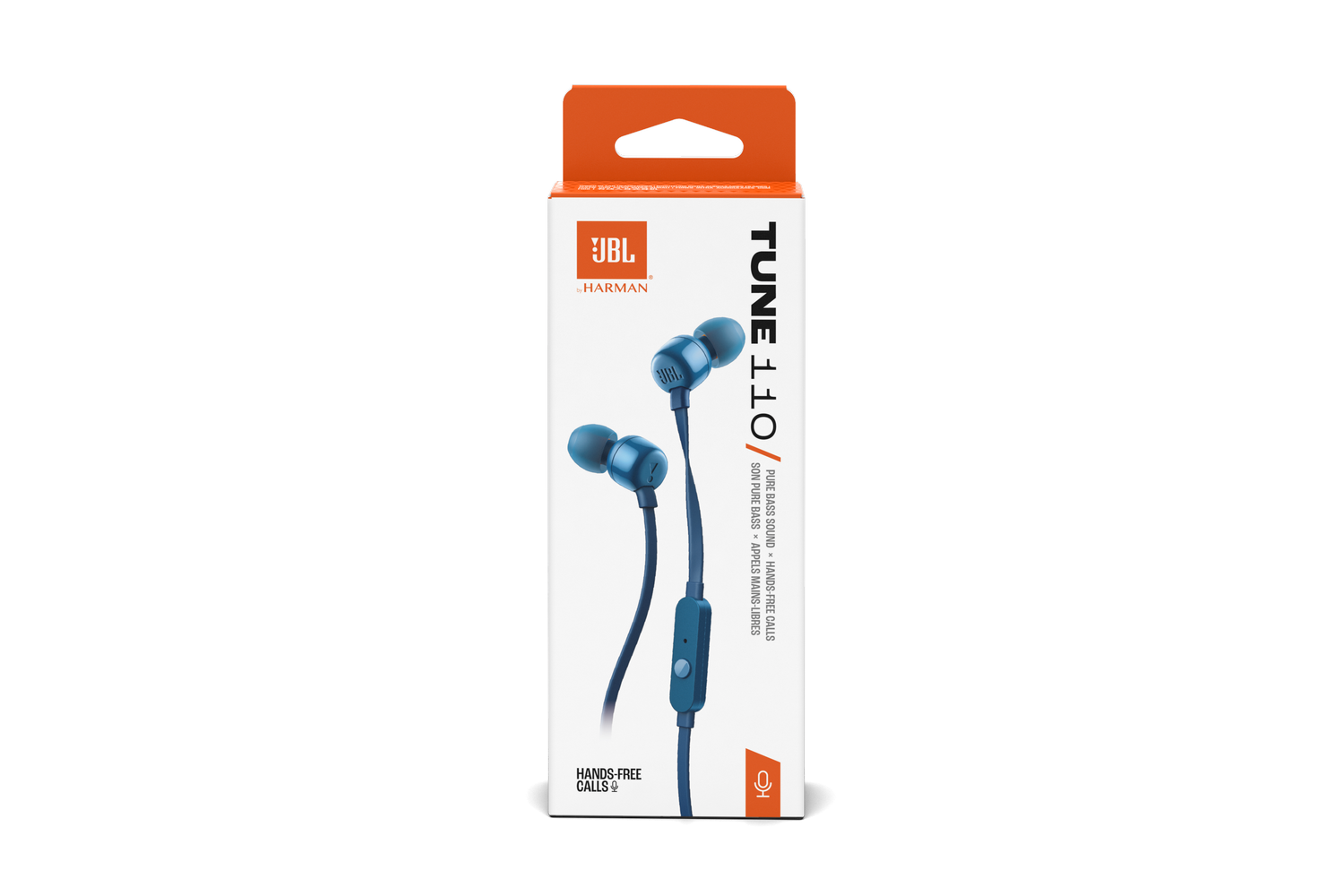 Auriculares JBL Tune 110 en una caja. La caja es blanca con la parte superior naranja. Los auriculares son azules.