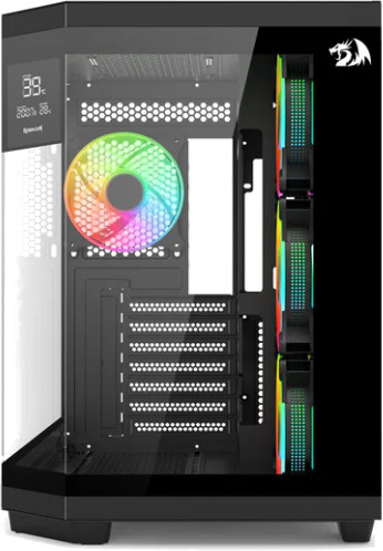 Czarna obudowa komputera z szklanym panelem bocznym. Posiada kolorowy wentylator, wyświetlacz cyfrowy i światła RGB.