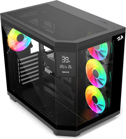 Czarna obudowa komputera ze szklanymi panelami, prezentująca kolorowe wentylatory LED. Cyfrowy wyświetlacz pokazuje temperaturę. Widoczne logo Redragon.