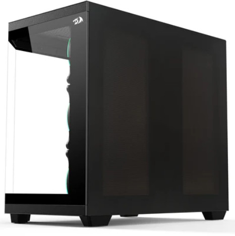 Czarna obudowa komputera ze szklanym panelem bocznym. Przód ma siatkową konstrukcję. Stoi na małych czarnych nóżkach.