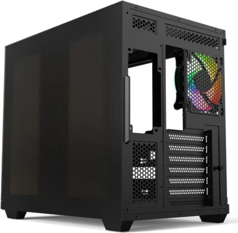 Czarna obudowa komputera z panelem bocznym. Tył ma wentylator z wielokolorowymi światłami. Stoi na powierzchni.