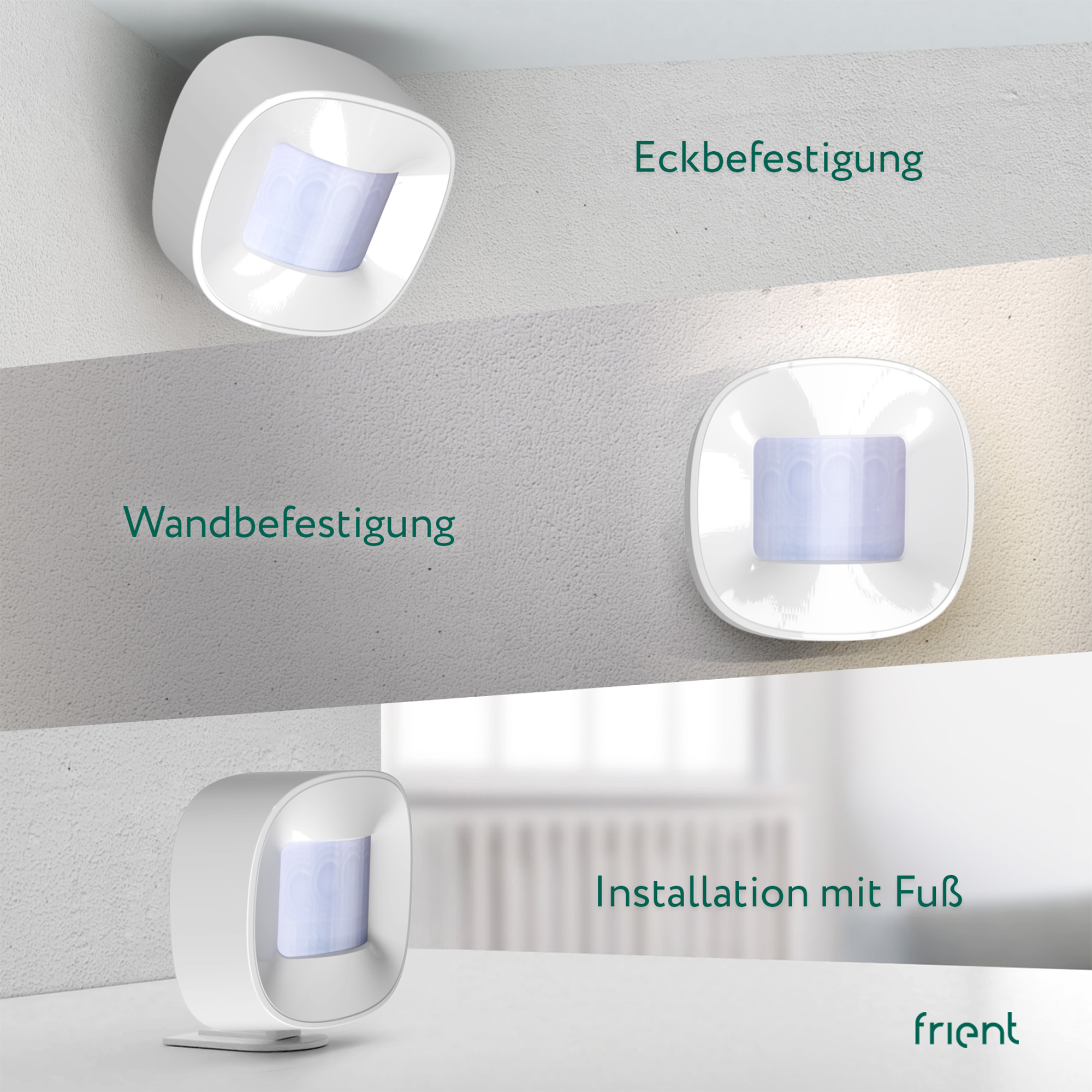 Weiße Sensoren in verschiedenen Installationsszenarien: Ecke, Wand und mit Ständer. Text beschreibt jede Installation.