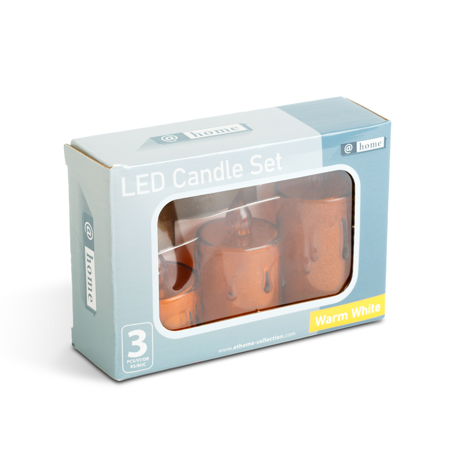 LED gyertyakészlet doboza. A doboz világoskék, benne narancssárga gyertyákkal. A szöveg a következő: '@home' és 'LED Candle Set'.