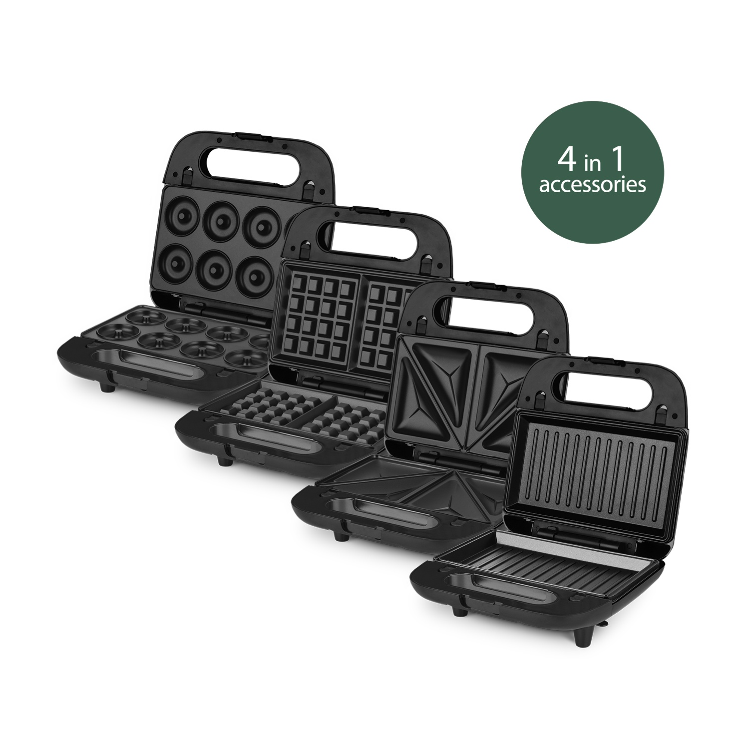 Quattro elettrodomestici neri con piastre diverse: macchina per ciambelle, waffle maker, sandwich maker e griglia.