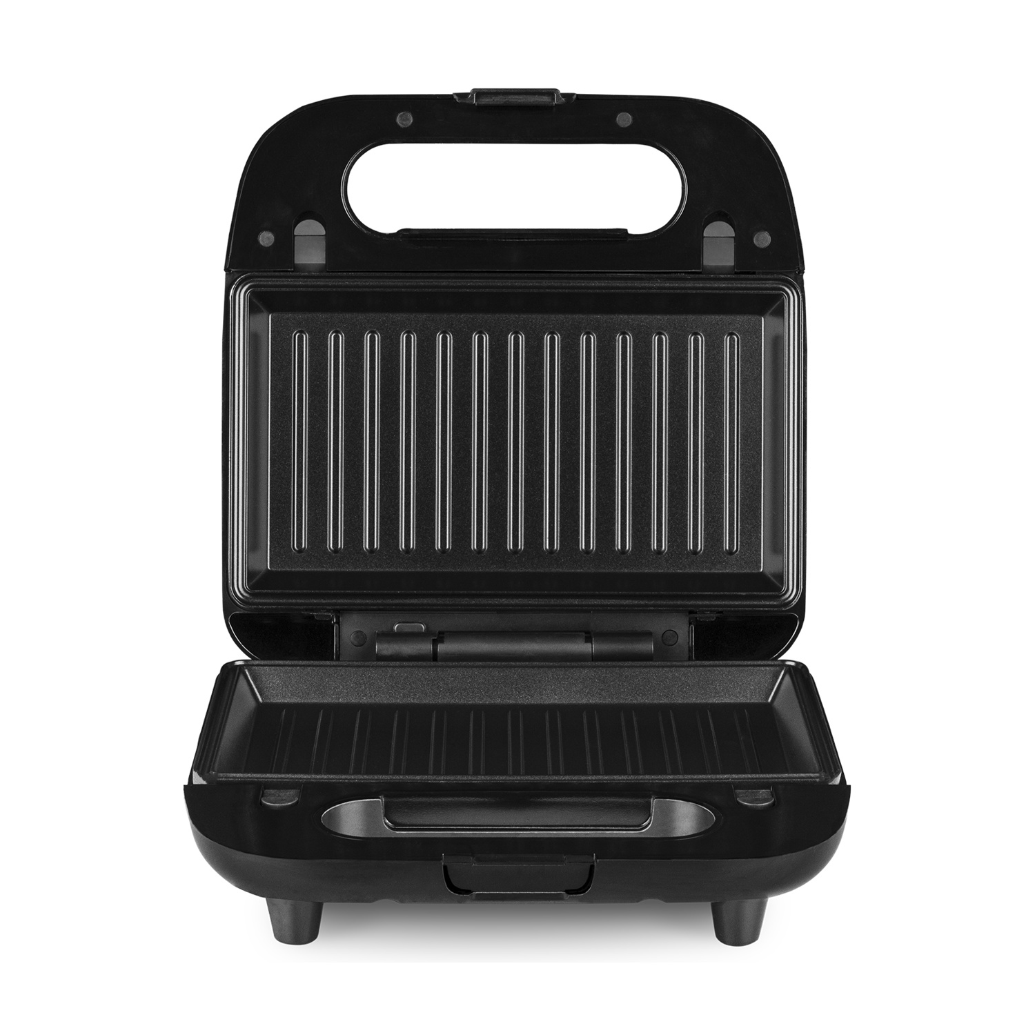 Sandwich maker nero aperto su sfondo bianco. Piastre superiori e inferiori visibili, con linee grill. Maniglia in alto.
