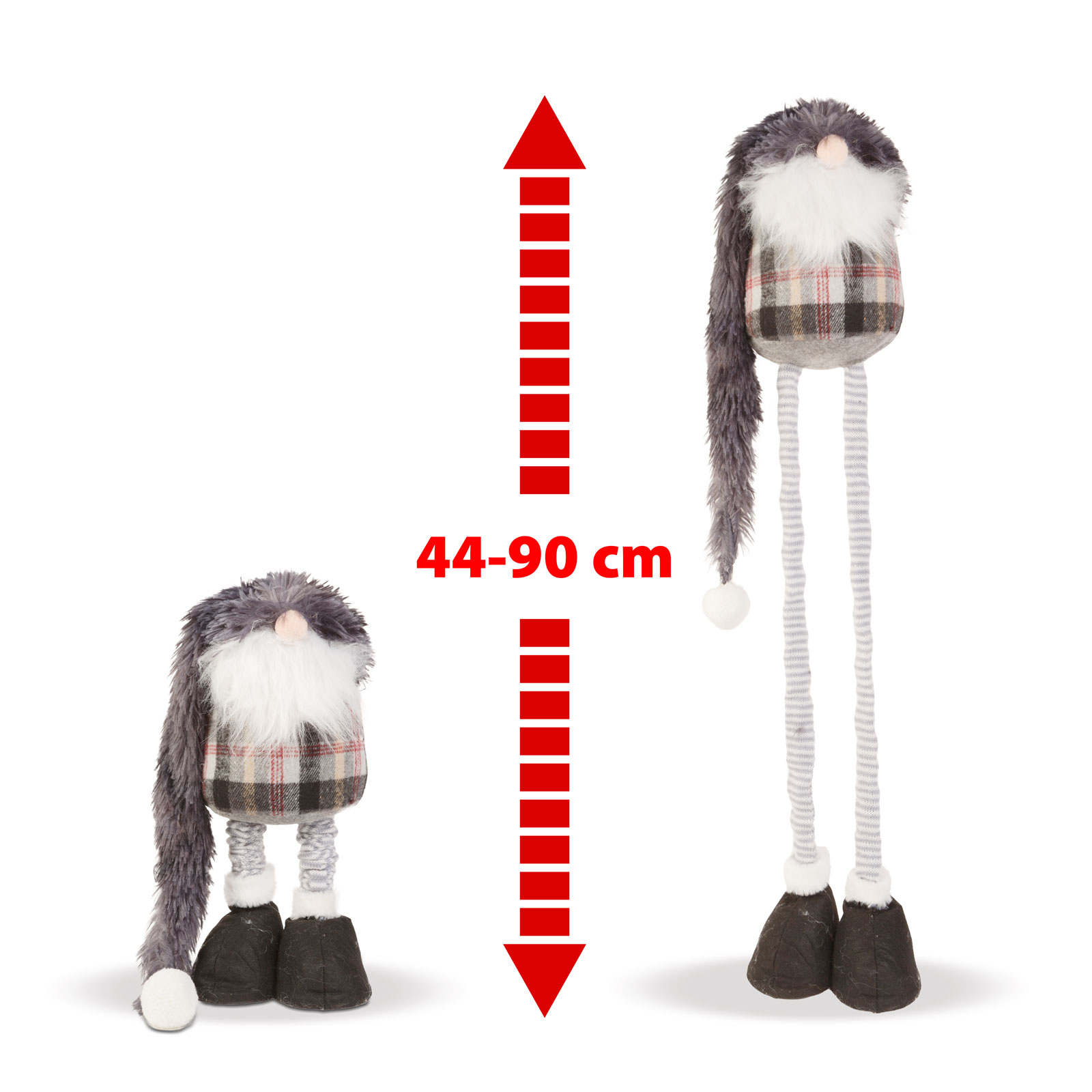 Két szövet manó hosszú lábakkal. Az egyik kisebb. Egy piros nyíl 44-90 cm-es mérettartományt mutat.
