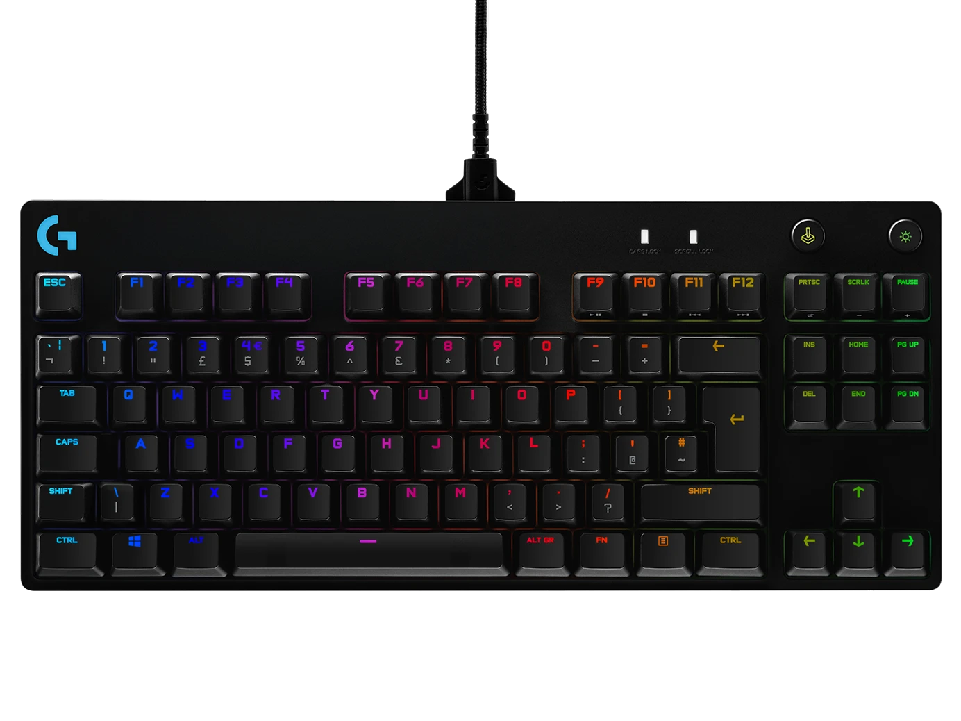 Fekete Logitech billentyűzet RGB gombokkal és funkciógombokkal. Tartalmazza az ESC, Tab, Caps Lock, Shift, Ctrl és nyílbillentyűket.
