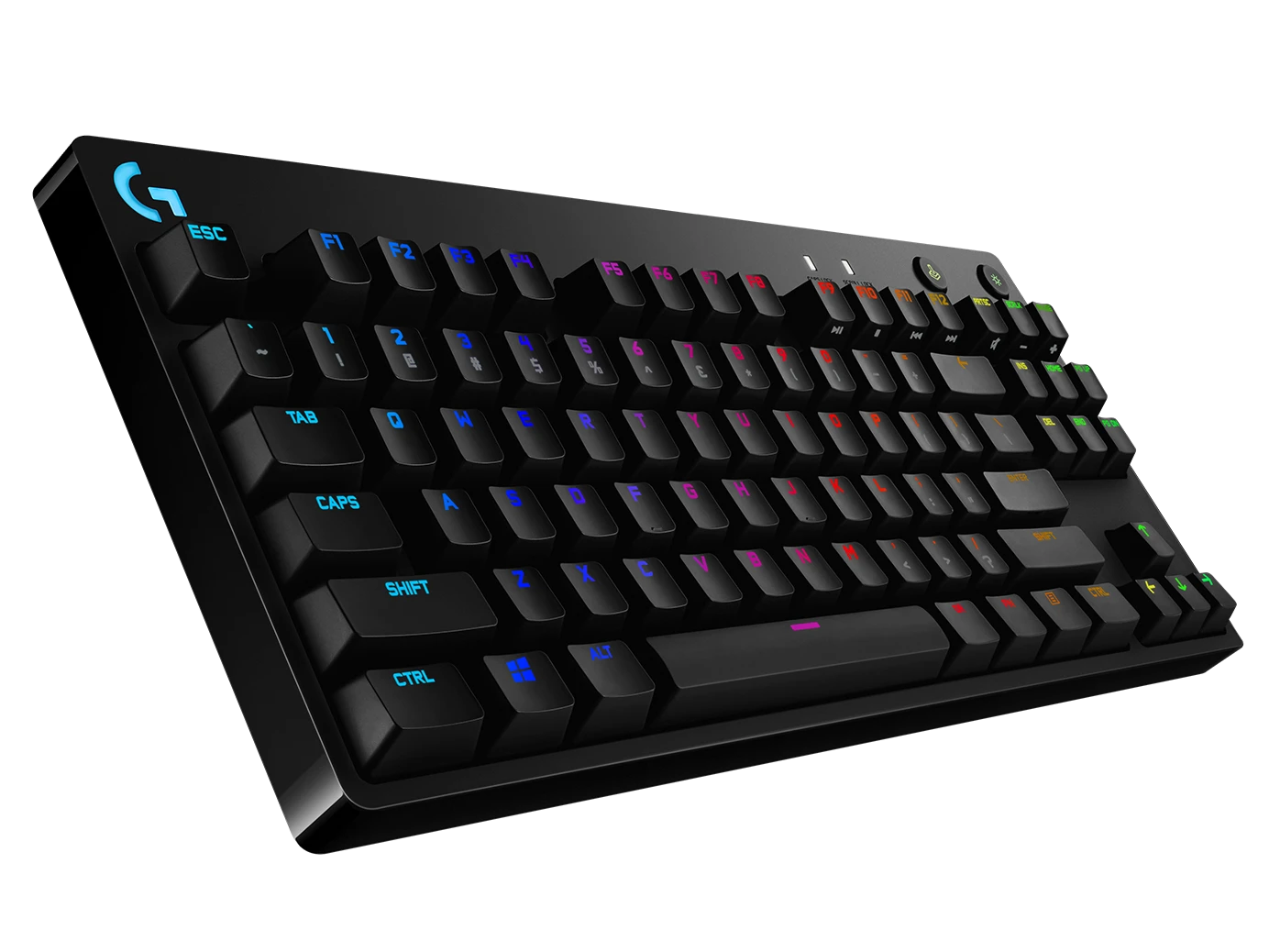 Egy fekete Logitech mechanikus billentyűzet színes háttérvilágítású billentyűkkel. A billentyűzet ferde, bemutatva az elrendezést és a márkát.