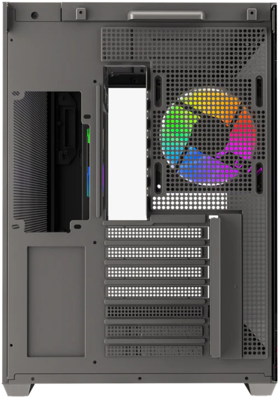 Widok wewnątrz obudowy komputera. Widoczny jest wentylator z wielokolorowymi światłami. Istnieje kilka otworów i gniazd na komponenty.