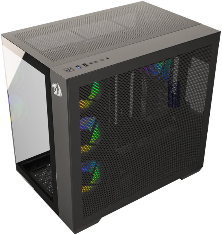 Czarna obudowa komputera z przezroczystym panelem bocznym, pokazującym wewnętrzne komponenty. Widoczne wentylatory z kolorowymi światłami.