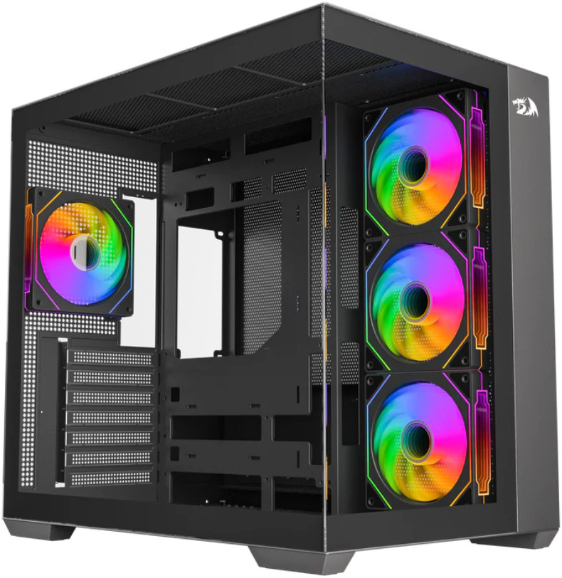 Czarna obudowa komputera z wentylatorami LED w kolorach tęczy. Trzy wentylatory po prawej, jeden po lewej. Obudowa jest otwarta, ukazując wewnętrzną strukturę.