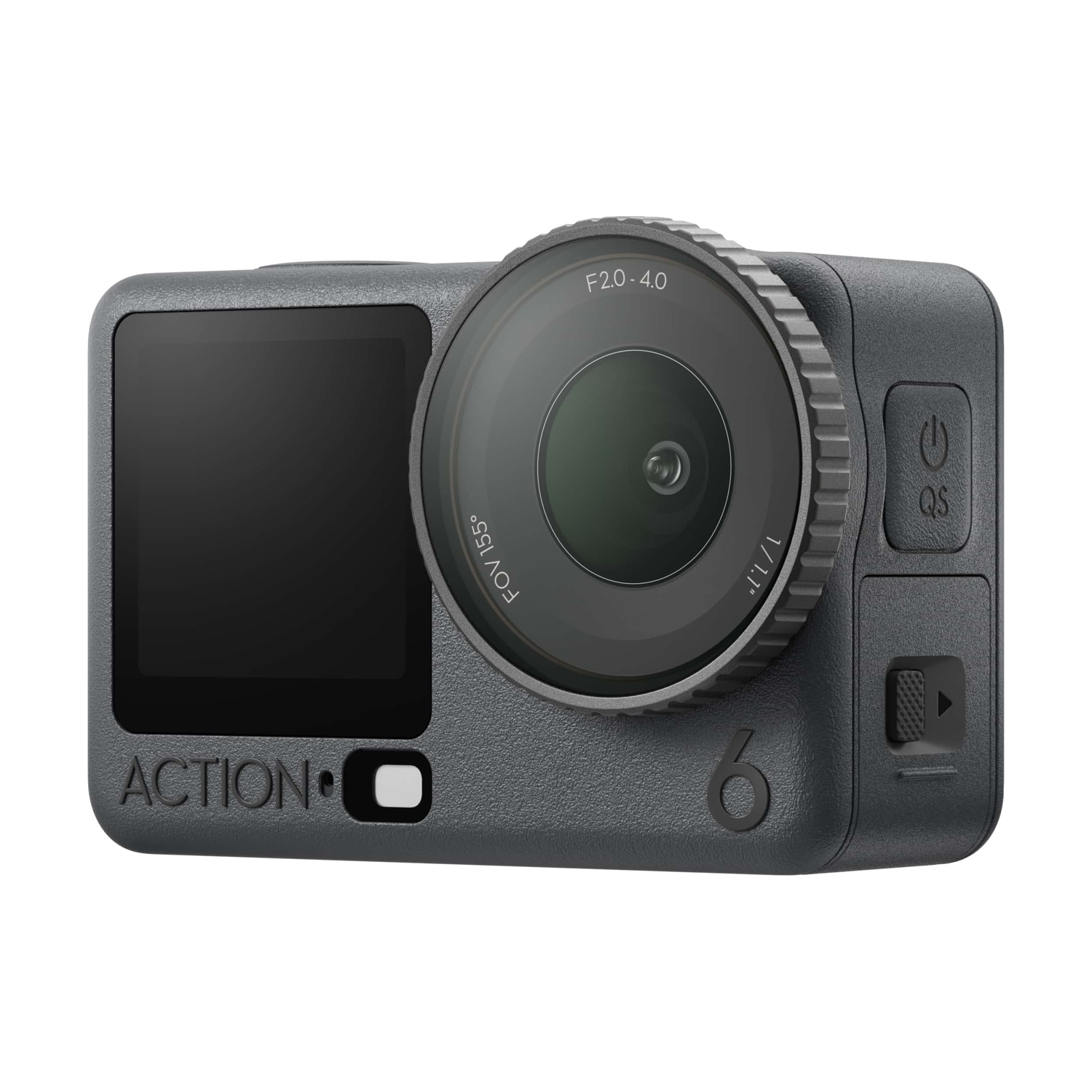 Una action cam grigia con schermo, obiettivo e pulsanti. L'obiettivo è etichettato F2.0-4.0. La parola ACTION è visibile.