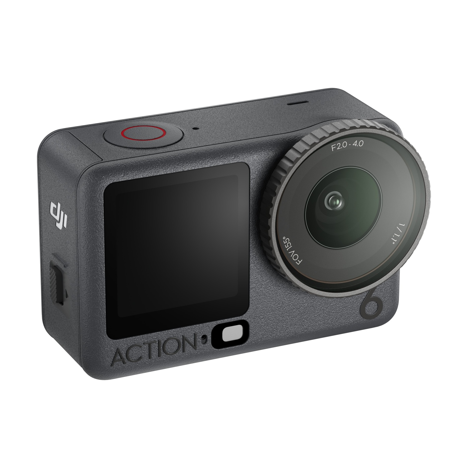 Una action cam grigia con obiettivo, schermo e pulsanti. Sul corpo ci sono 'ACTION' e '6'.